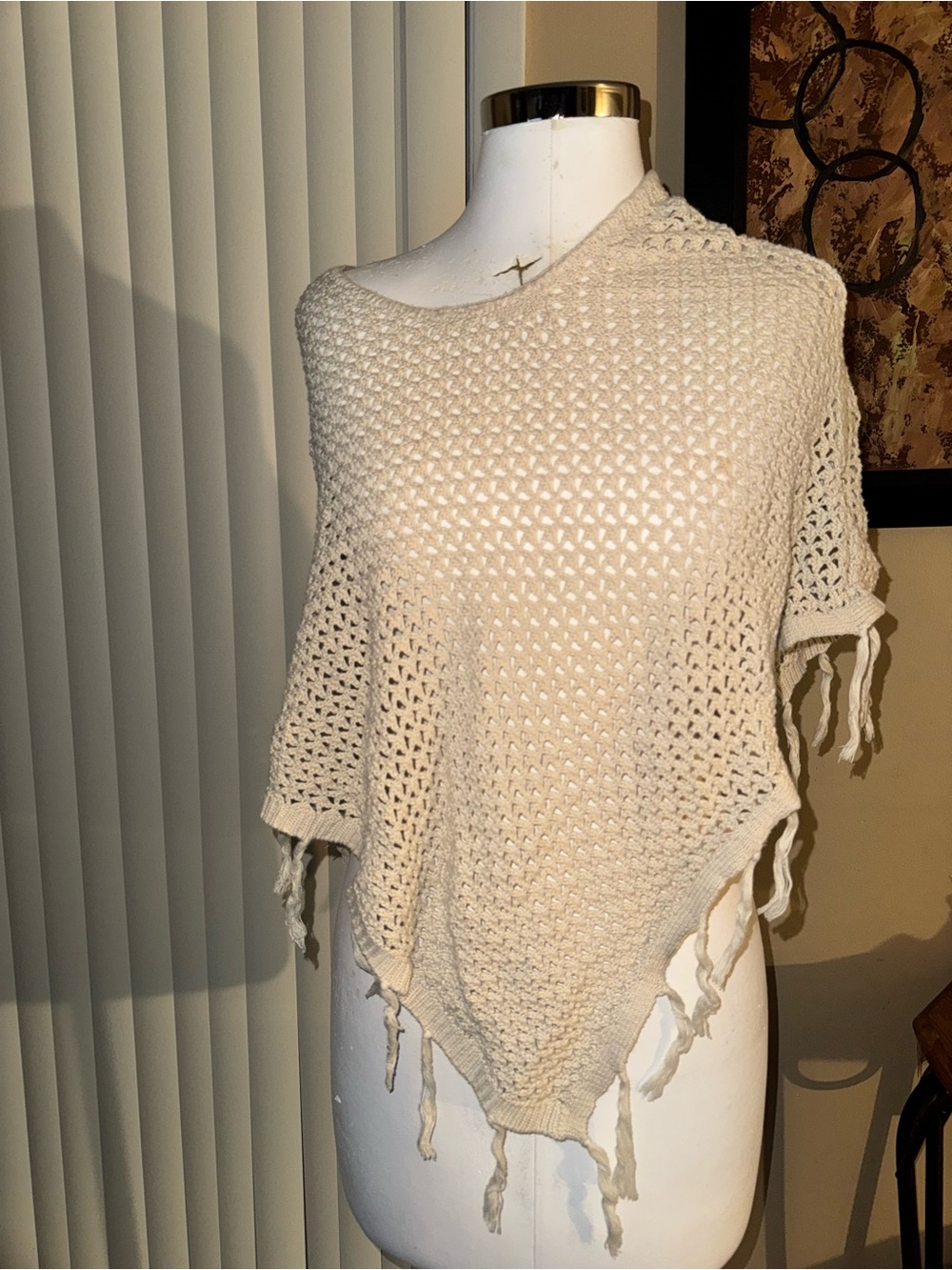 Vintage Mudd Cream Knit Fringe Poncho